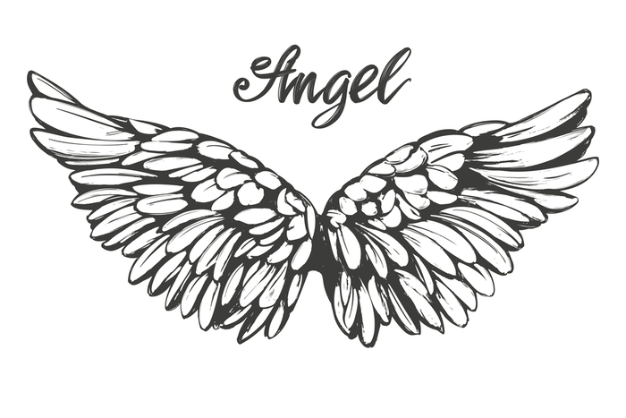 Angel wings icon sketch, religious calligraphic text symbol of Christianity hand drawn vector illustration sketch .